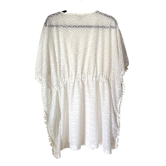 White Crochet Kimono Cover-Up With Pom Pom Trim One Size 100% Polyester Made In - Picture 4 of 7